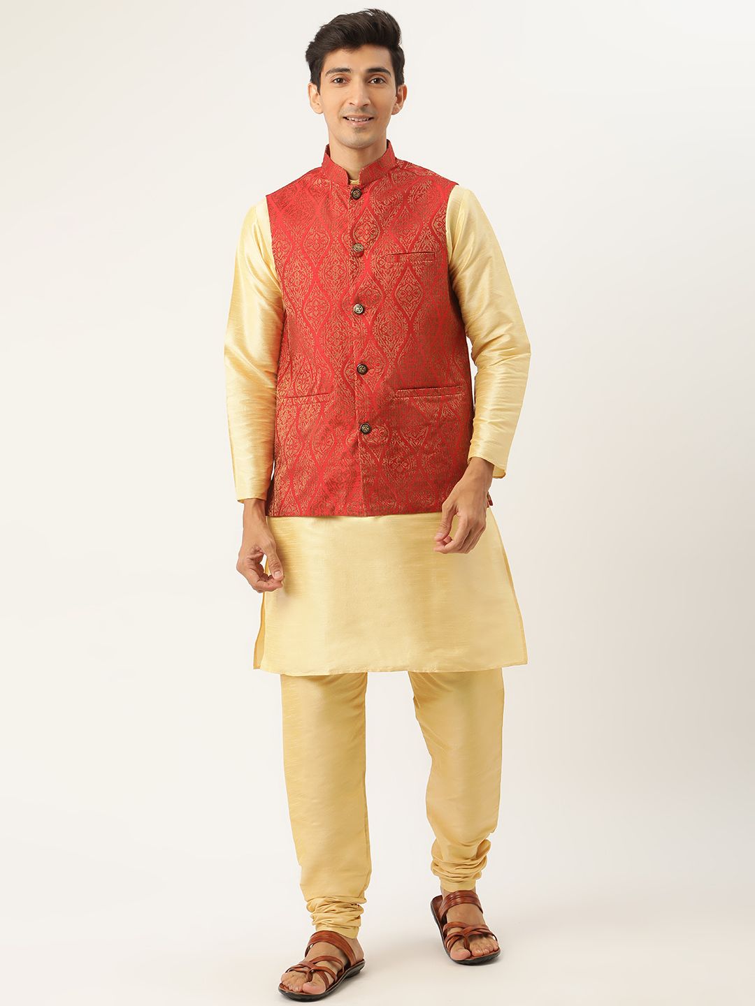SOJANYA Men Beige Solid Kurta Set With Ethnic Motifs Nehru Jacket