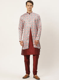 SOJANYA Men Maroon Layered Kurta with Churidar & Jacket