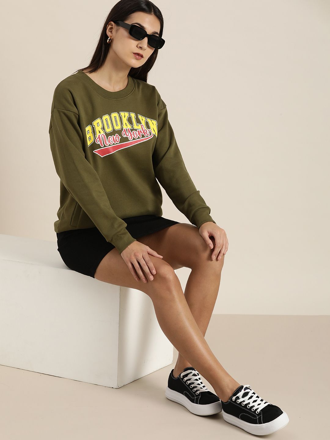 DILLINGER Women Olive Green Printed Oversized Sweatshirt