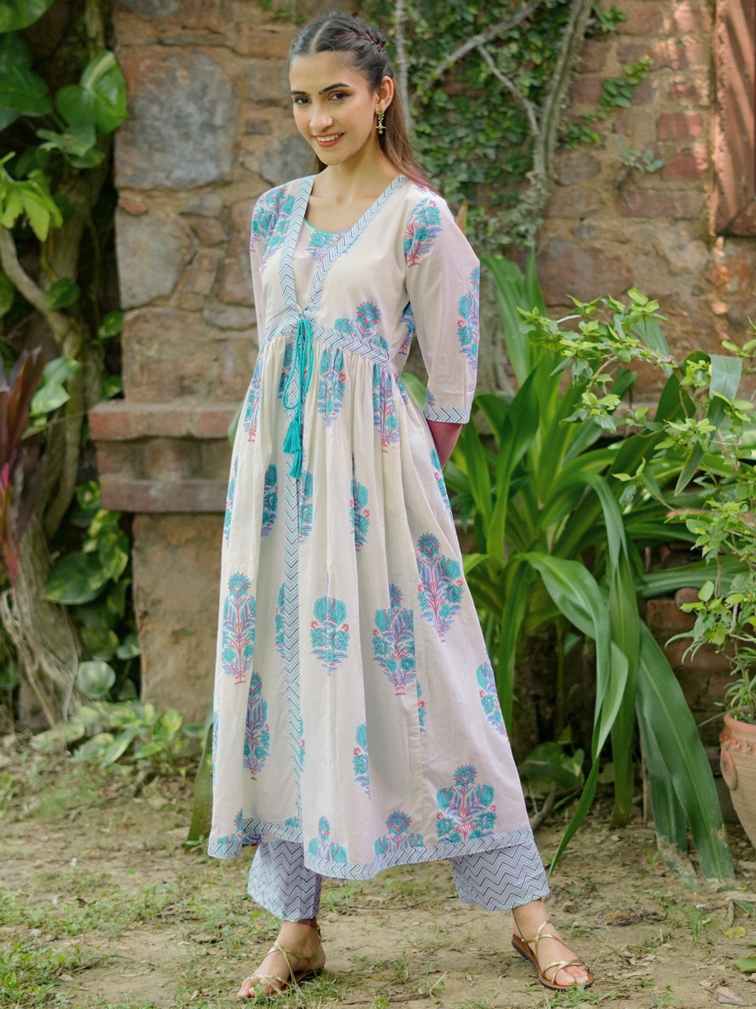Libas Square Neck Floral Printed Pleated Pure Cotton A Line Kurta with Trouser