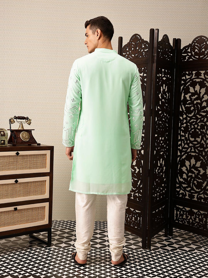 House of Pataudi Embroidered Mandarin Collar Mirror Work Jashn Kurta