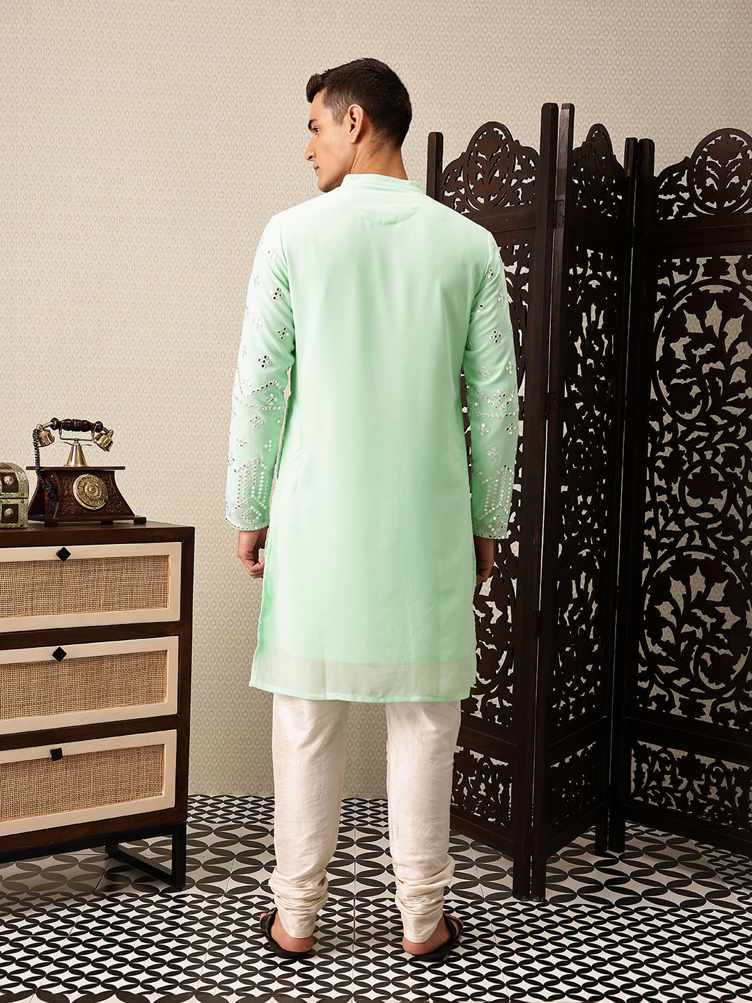 House of Pataudi Embroidered Mandarin Collar Mirror Work Jashn Kurta