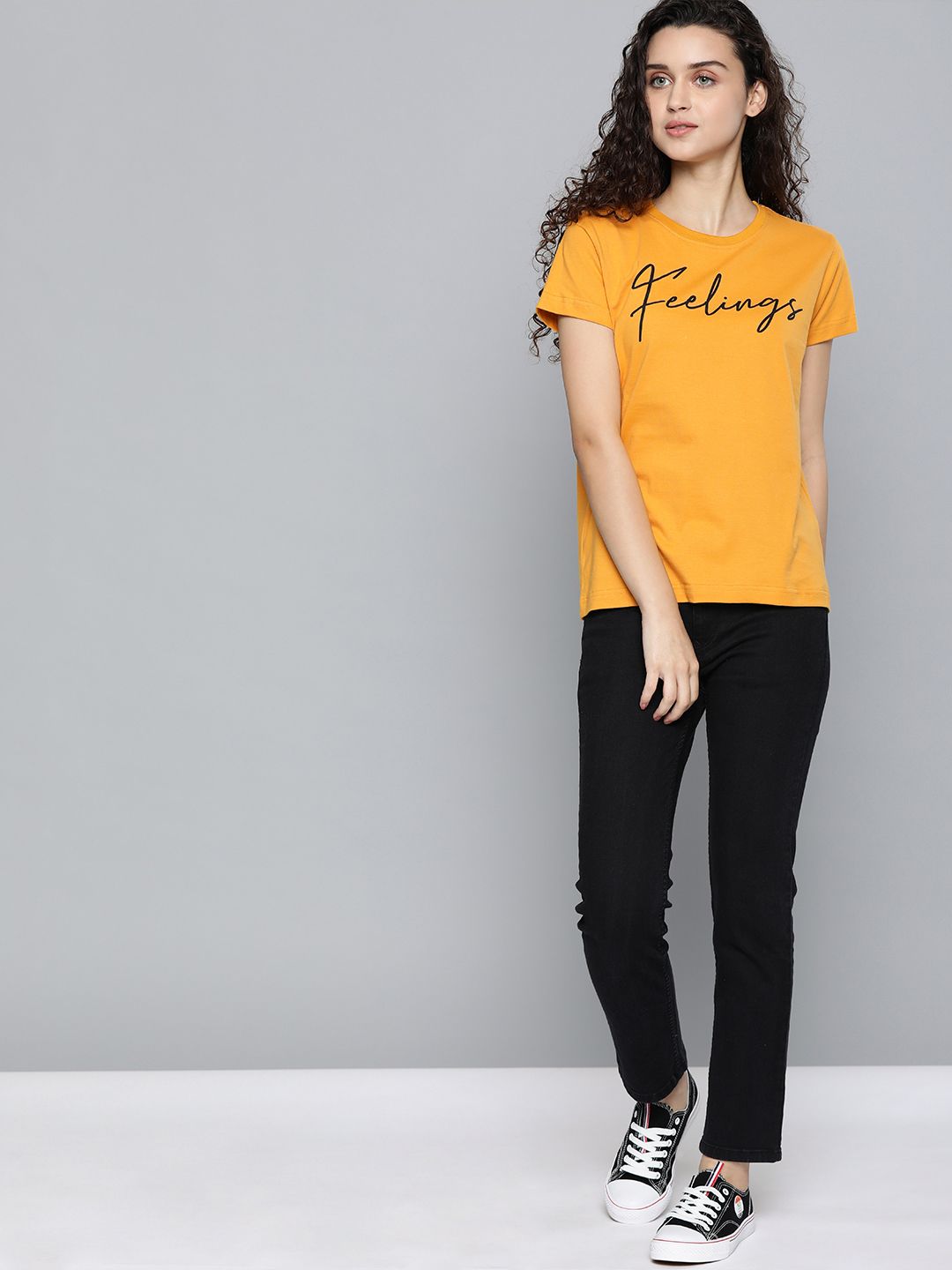 DILLINGER Women Mustard Yellow Printed Round Neck Regular Fit Pure Cotton T-shirt