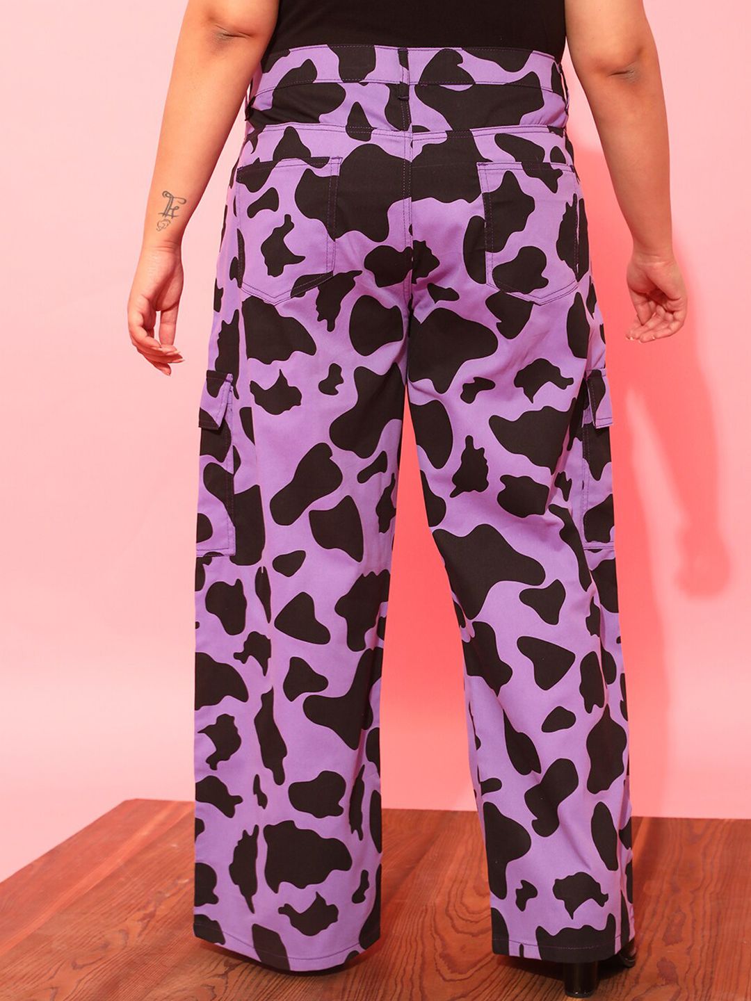 CURVY STREET Women Plus Size Lavender Printed Relaxed Straight Leg Pure Cotton Trousers