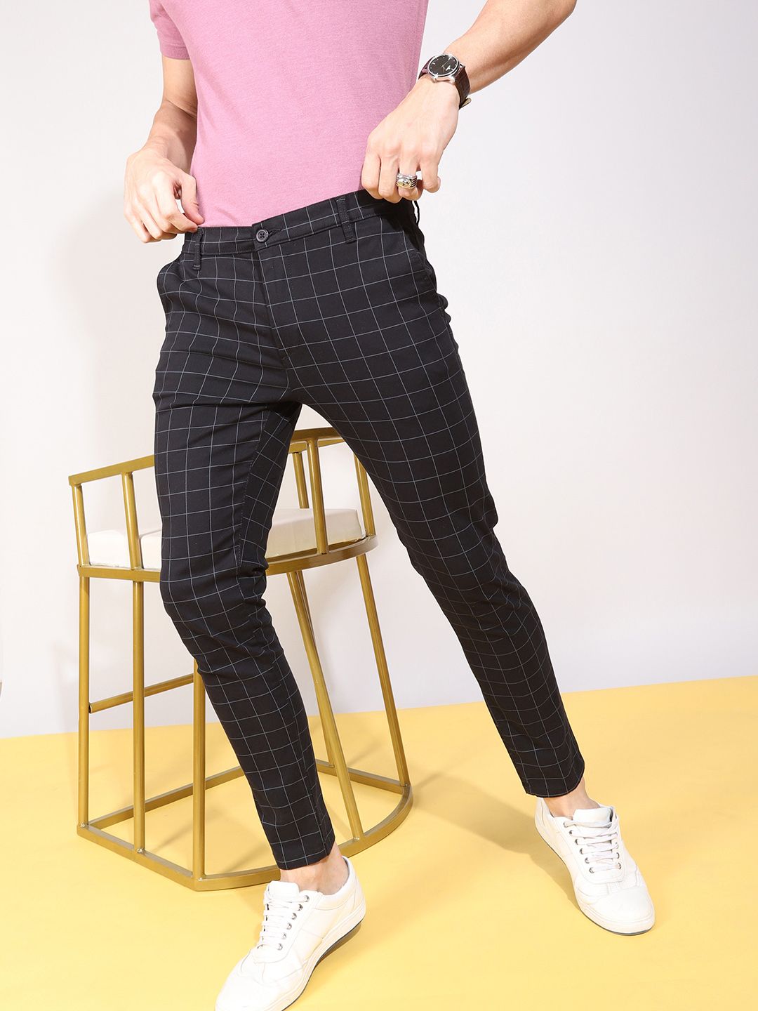 The Indian Garage Co Men Black Slim Fit Checked Chinos