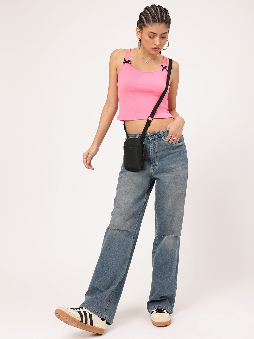 DressBerry Barbiecore Era Bow Detail Textured Knit Crop Top