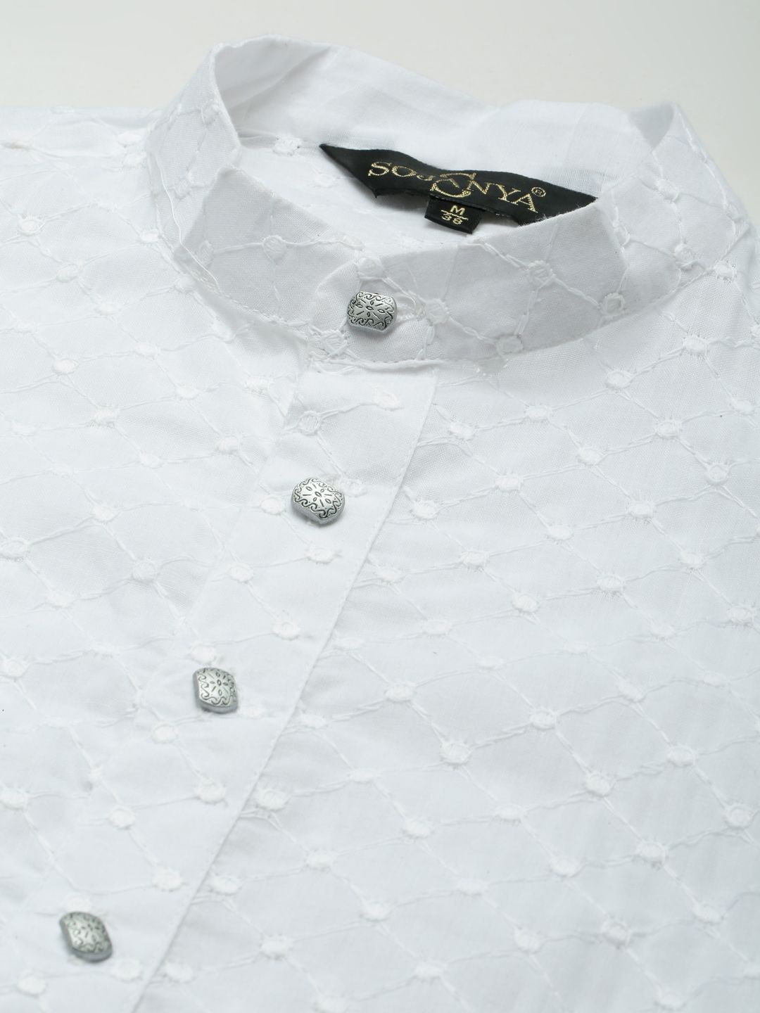 SOJANYA Men White Chikankari Pure Cotton Kurta with Churidar & Nehru Jacket