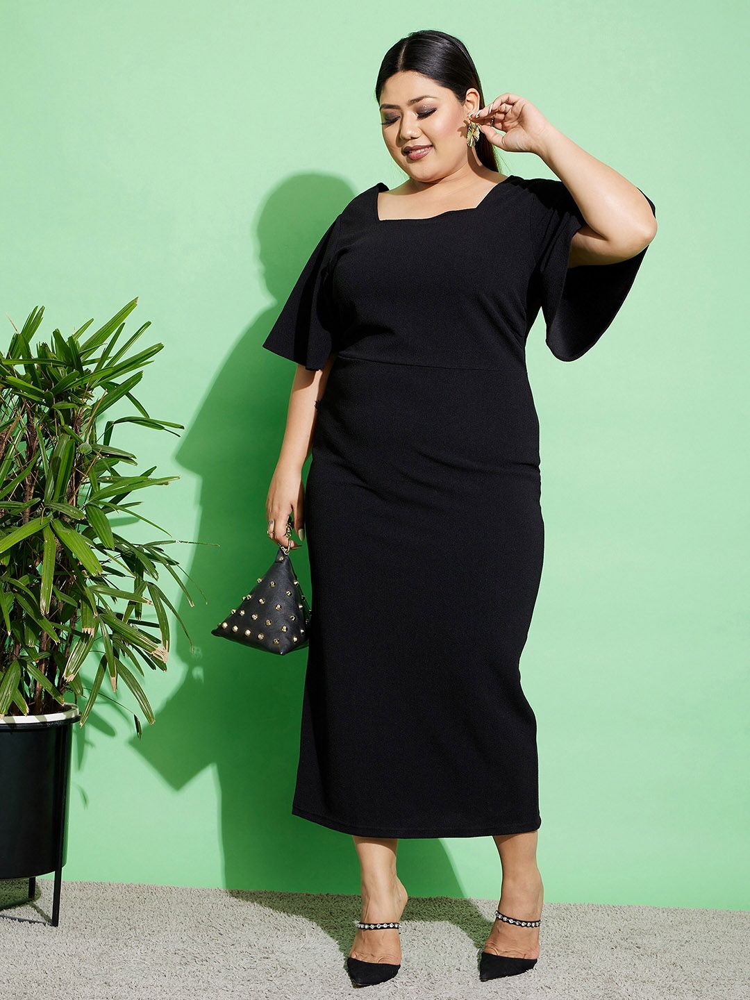SASSAFRAS Curve Plus Size Square Neck Flutter Sleeves Bodycon Midi Dress