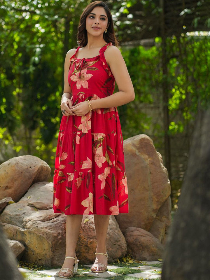 Rain & Rainbow Floral Printed Shoulder Straps Pure Cotton Fit & Flared Midi Dresses