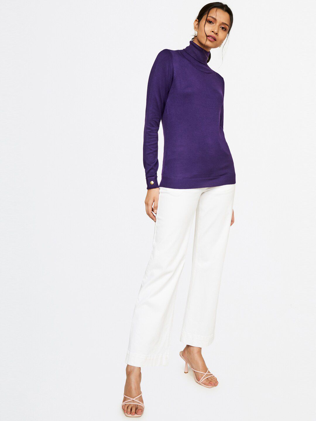 AND Women Purple Solid High Neck Top