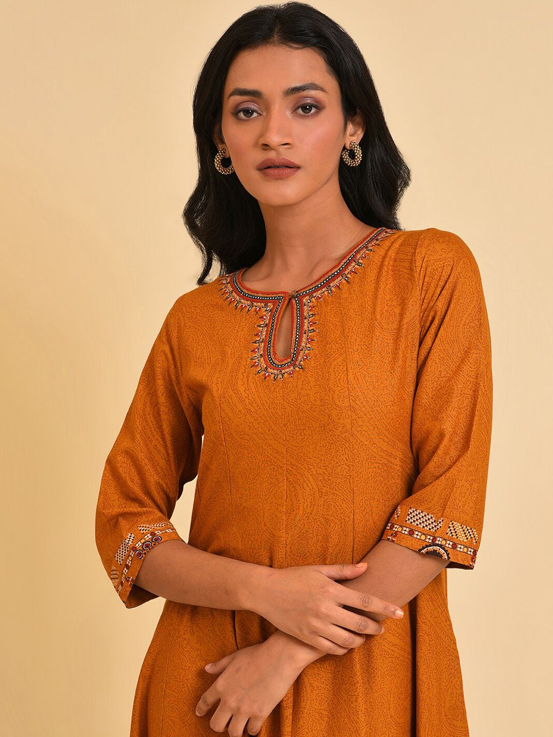 W Keyhole Neck Ethnic Motifs Printed Embellished A-Line Ethnic Dress