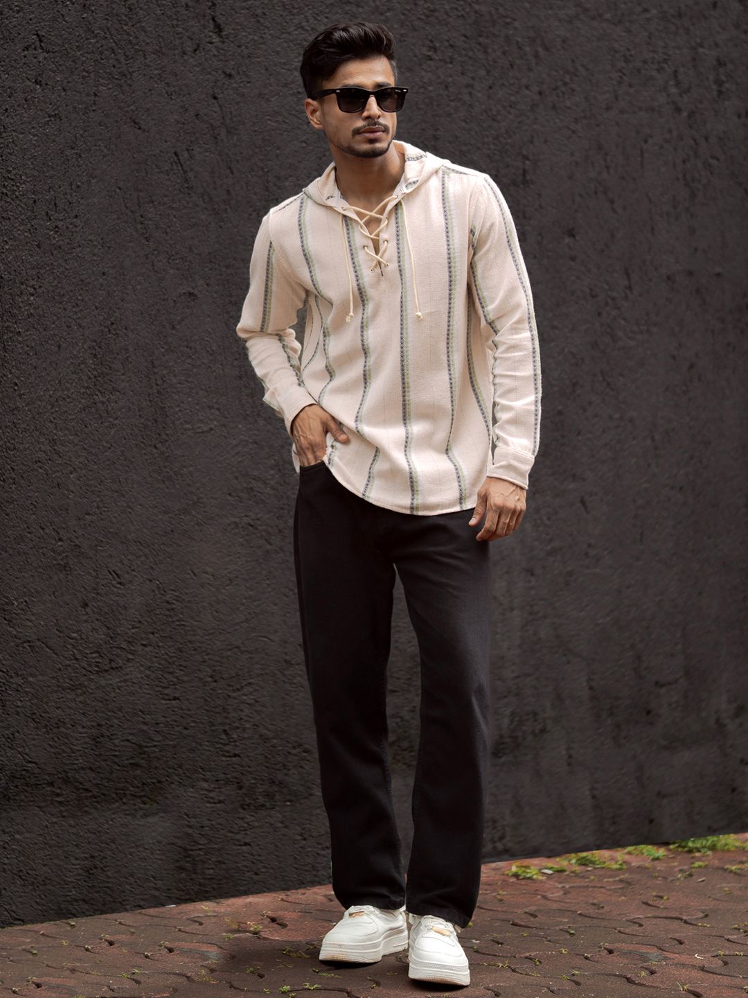 Powerlook Men Collarless Vertical Striped Pure Cotton Casual Shirt
