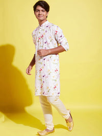 VASTRAMAY Boys Cream & Red Floral Printed Kurta with Pyjamas