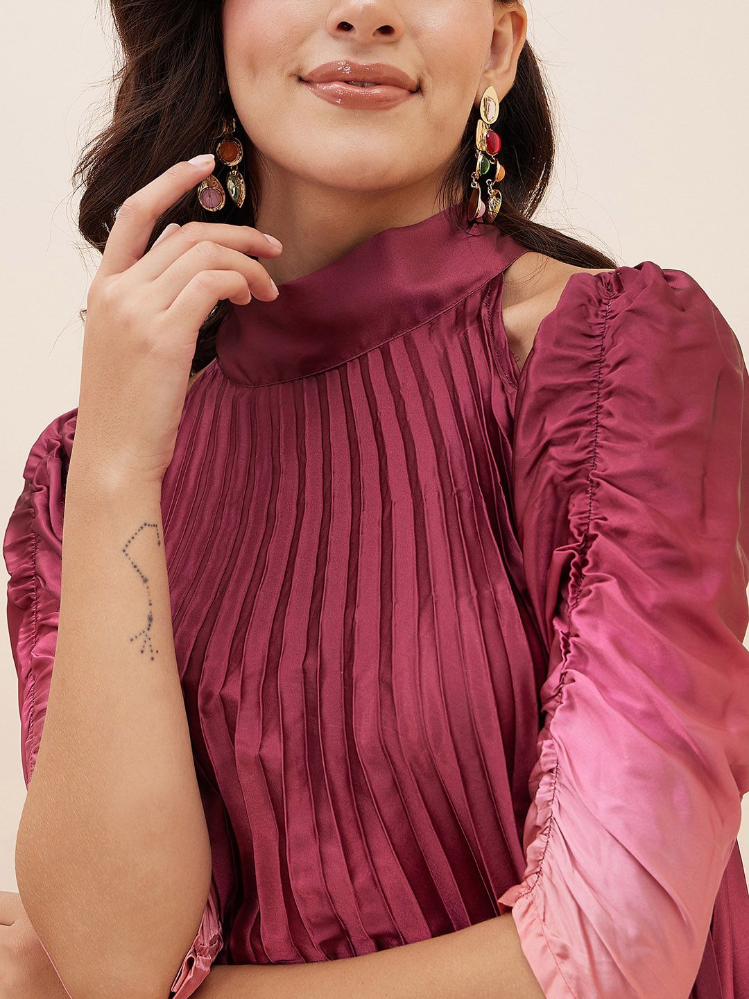 Antheaa Pink & Orange Ombre Pleated Halter Neck Tunic With Palazzos