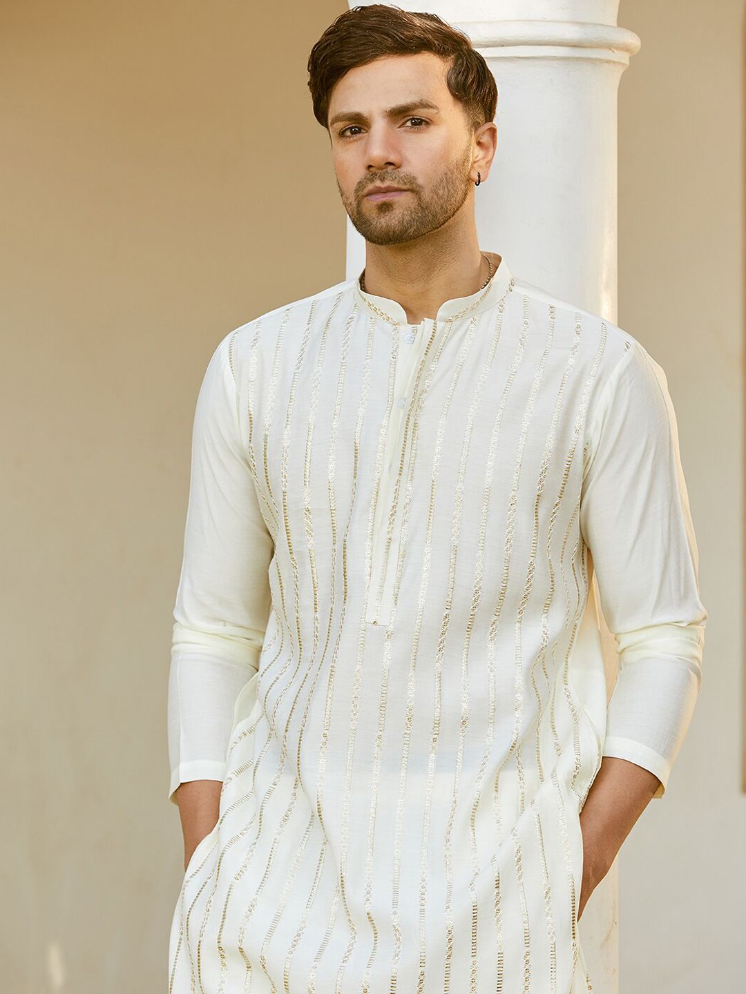 See Designs Striped Embroidered Sequined Straight Kurta