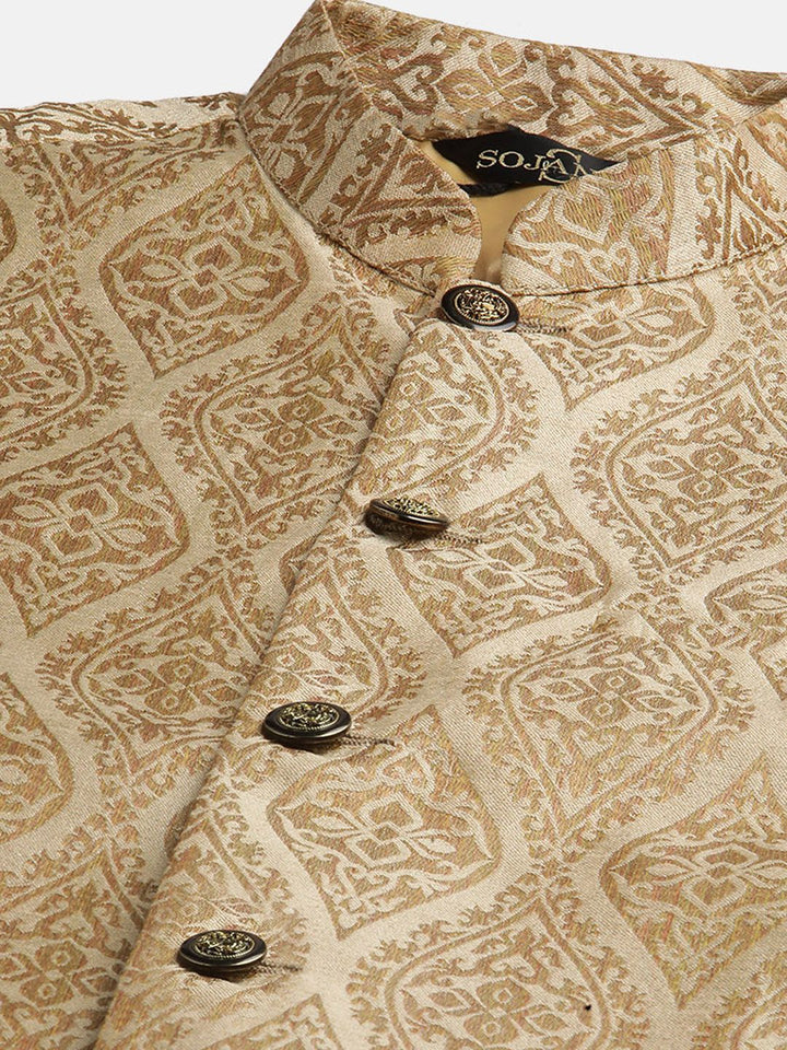 SOJANYA Men Red Ethnic Motifs Jacquard Silk Kurta with Churidar & Nehru Jacket