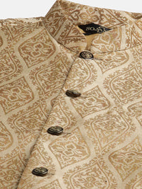 SOJANYA Men Red Ethnic Motifs Jacquard Silk Kurta with Churidar & Nehru Jacket