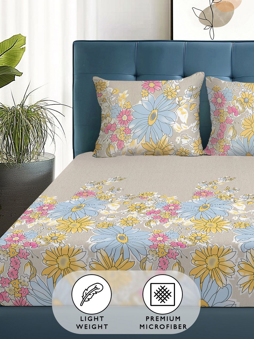 Story@home Arena Beige & Yellow Floral Printed 180 TC Queen Bedsheet & 2 Pillow Covers