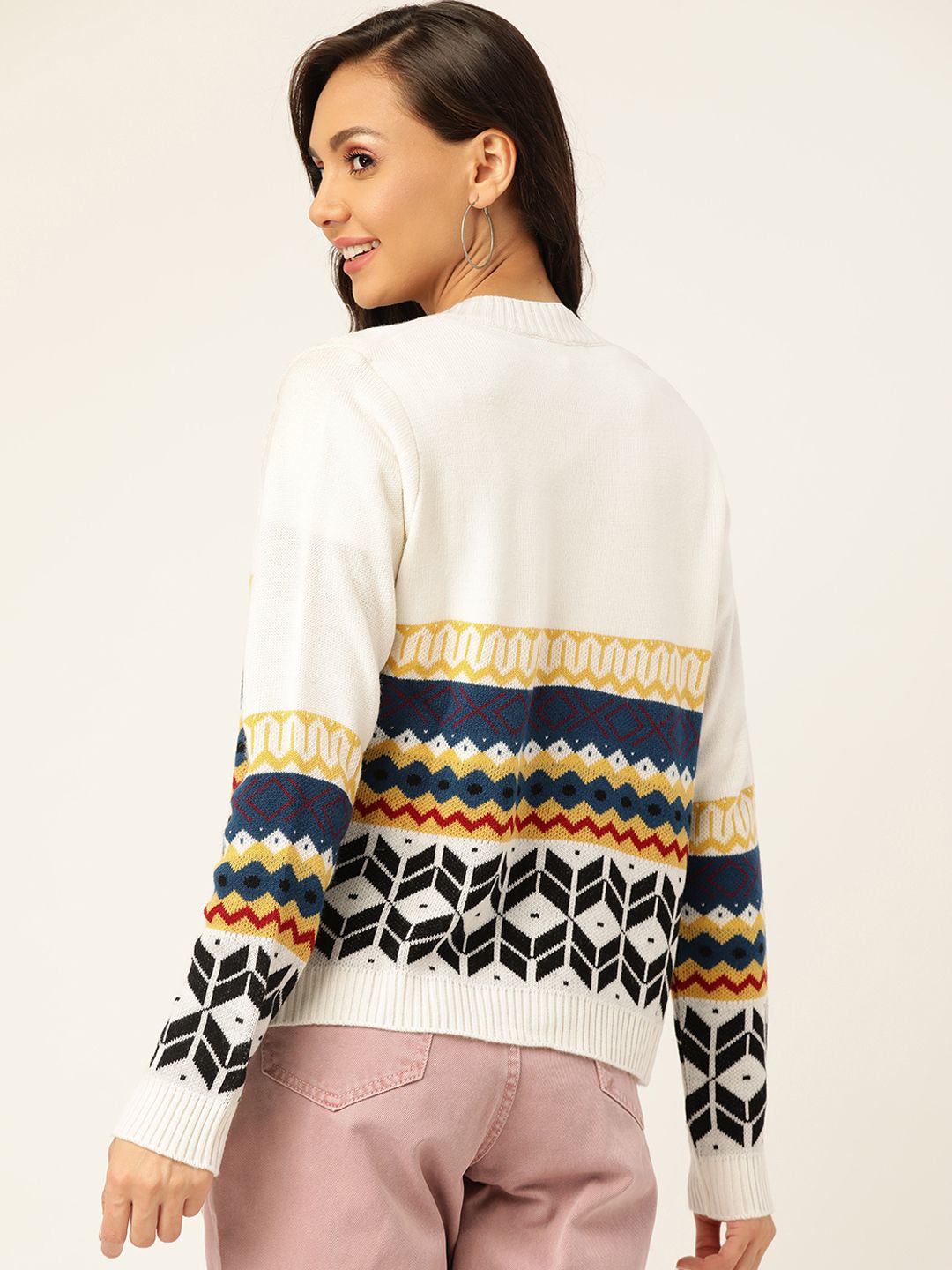 DressBerry Women Off-White & Navy Blue Self Design Open Front Sweater