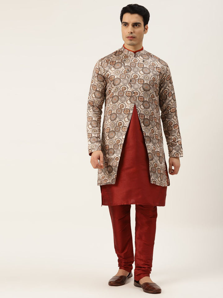 SOJANYA Men Maroon & Beige Kurta with Churidar