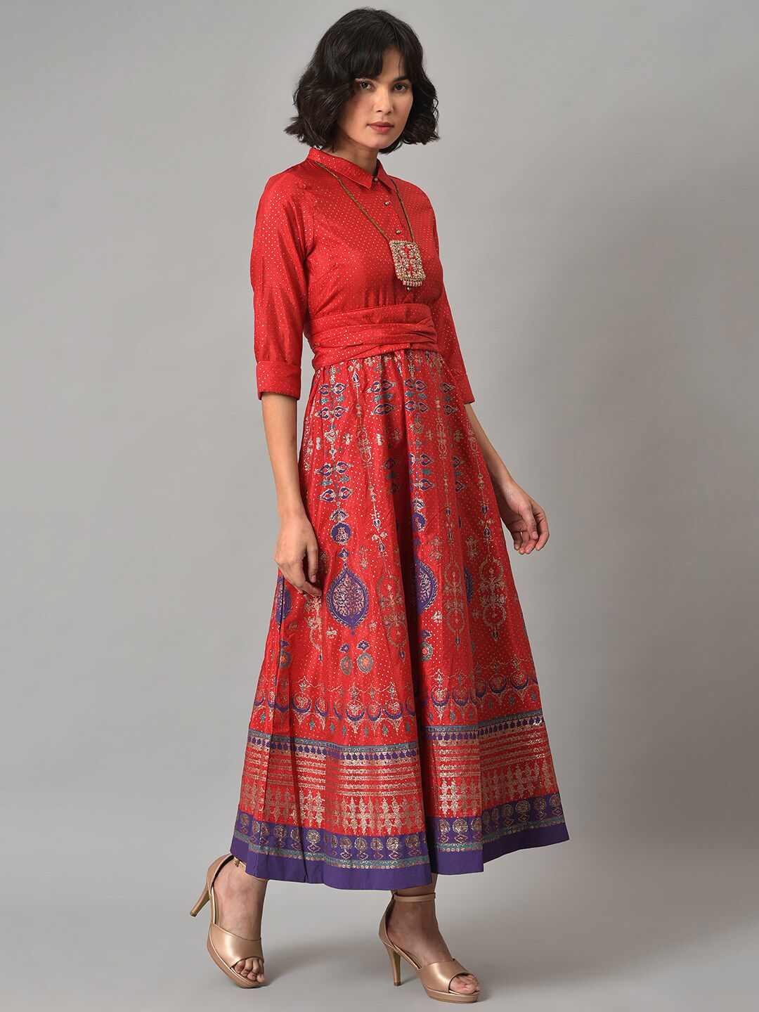 W Ethnic Motifs Printed Shirt Collar Maxi Dress