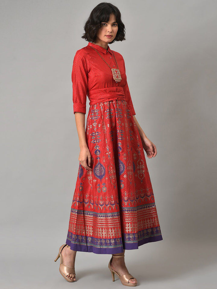 W Ethnic Motifs Printed Shirt Collar Maxi Dress