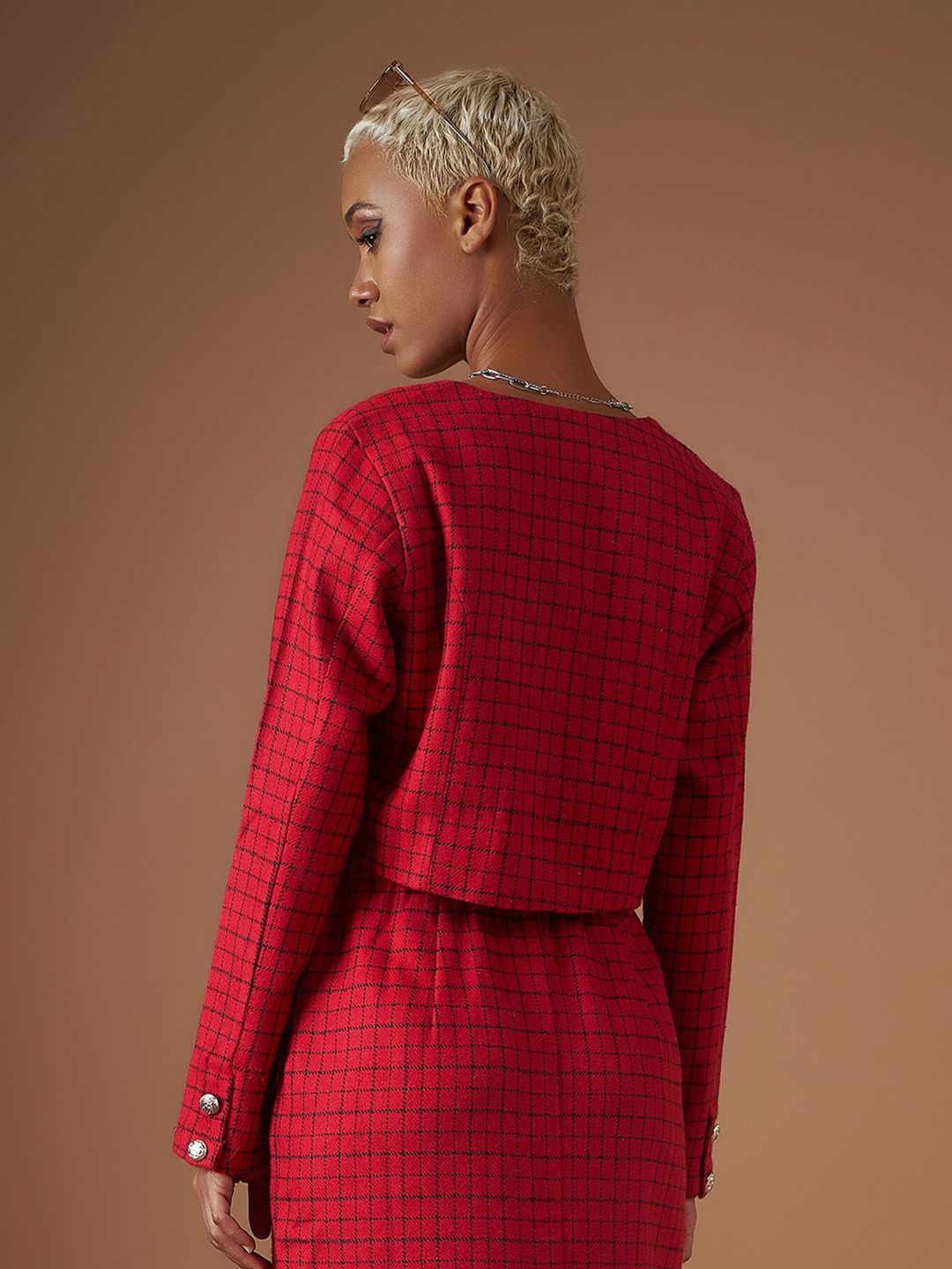 SASSAFRAS Checked Square Neck Jacquard Shirt Style Crop Top