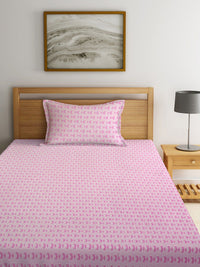KLOTTHE Pink Geometric Printed 300 TC Fitted Single Bedsheet With Pillow Cover