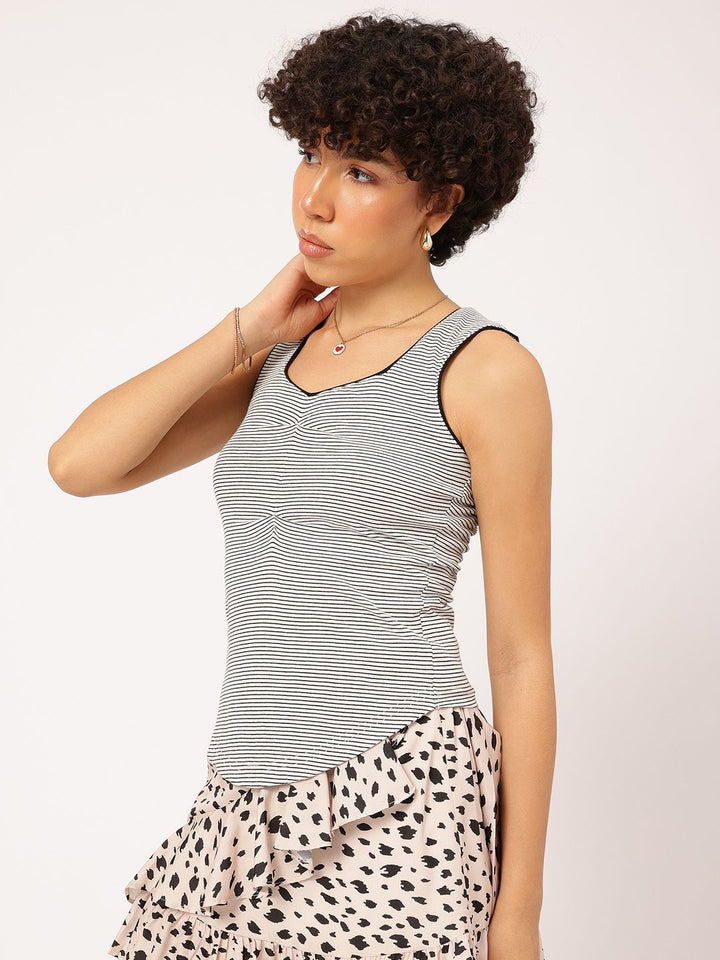 DressBerry Minimalist Magic Monochrome Striped Pleated Fitted Top