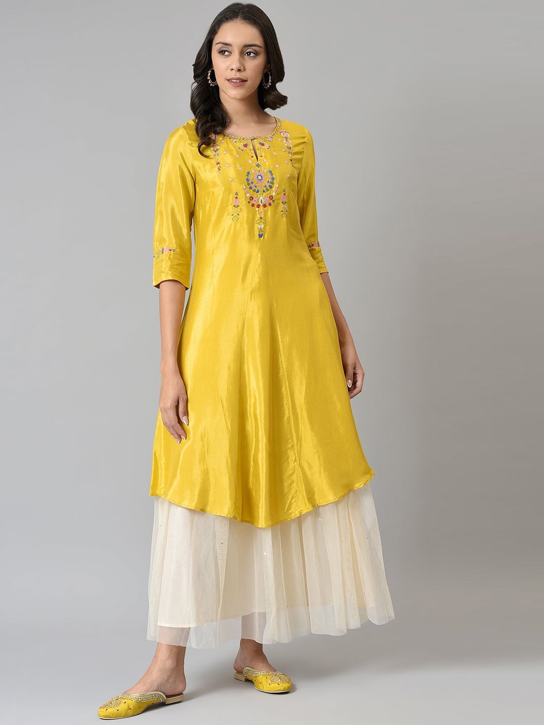 W Women Yellow Embroidered Thread Work Anarkali Kurta