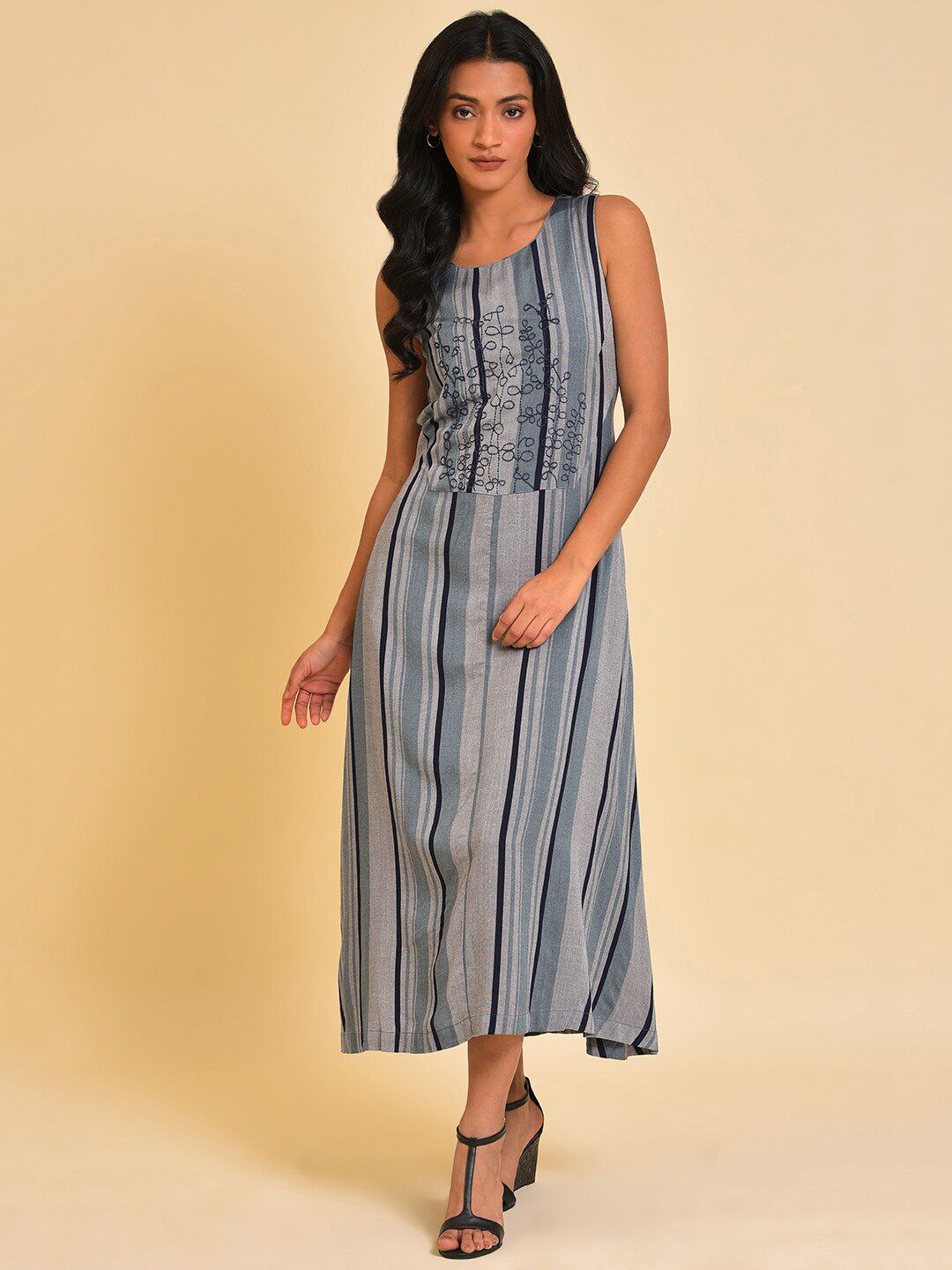 W Blue Striped A-Line Maxi Dress