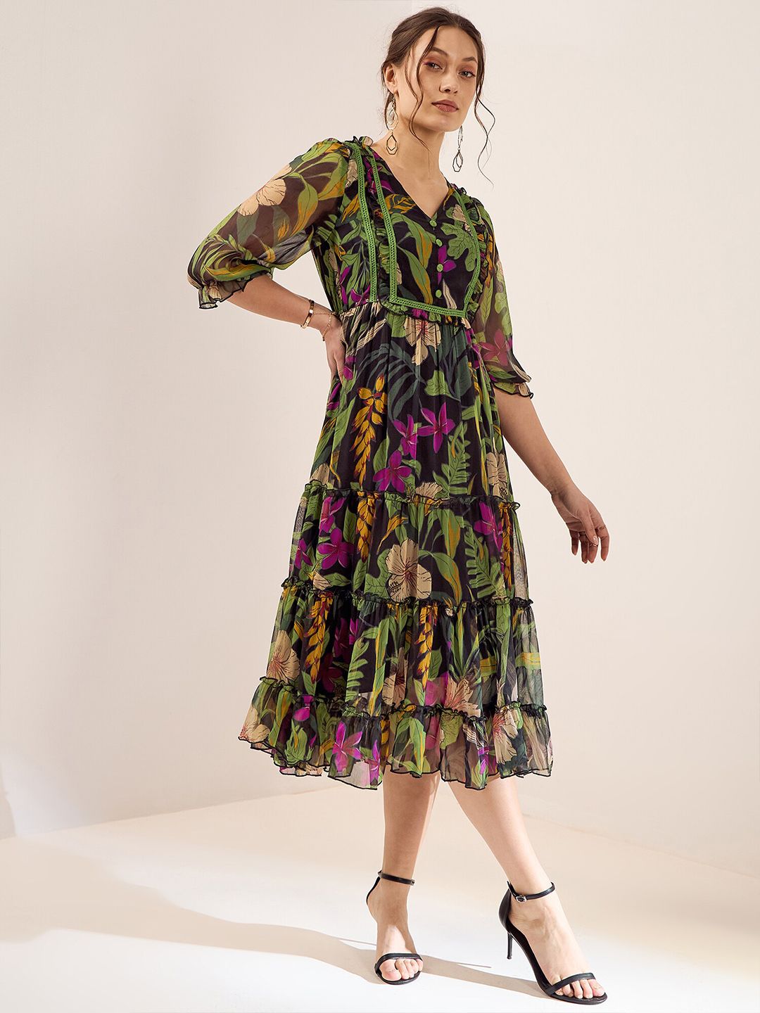 Antheaa Black & Green Floral Printed Puff Sleeves Gathered Tiered Fit & Flare Midi Dress