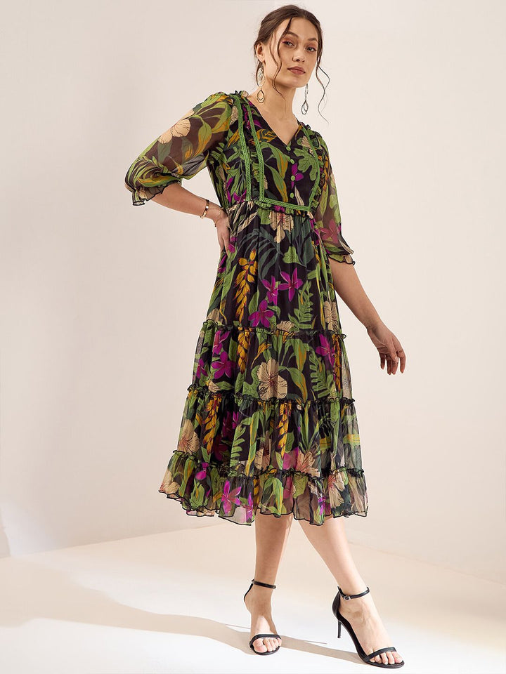 Antheaa Black & Green Floral Printed Puff Sleeves Gathered Tiered Fit & Flare Midi Dress