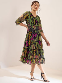 Antheaa Black & Green Floral Printed Puff Sleeves Gathered Tiered Fit & Flare Midi Dress