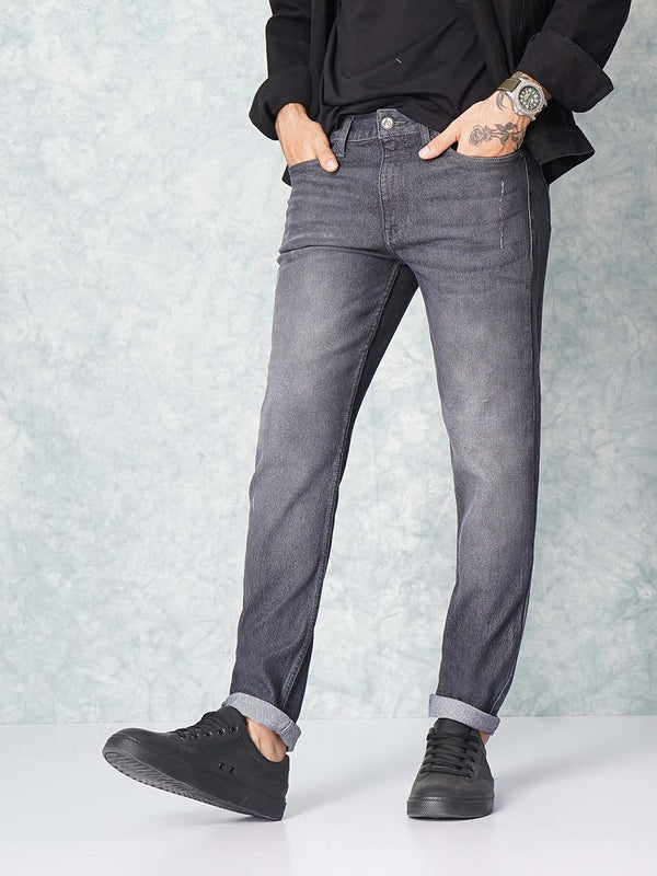 Garage India CO Men Grey Slim Fit Rendah Rendah Rendah Seluar Jeans Regangan Rendah