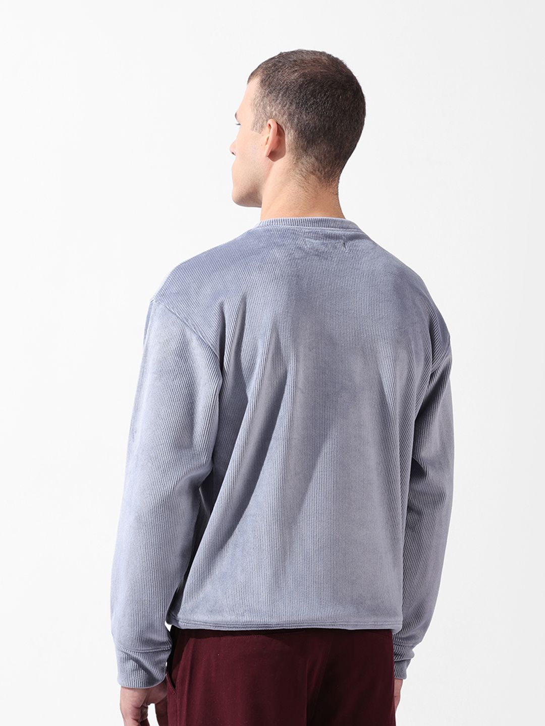 The Indian Garage Co Men Oversized Self Design Corduroy Crew Neck Sweatshirt