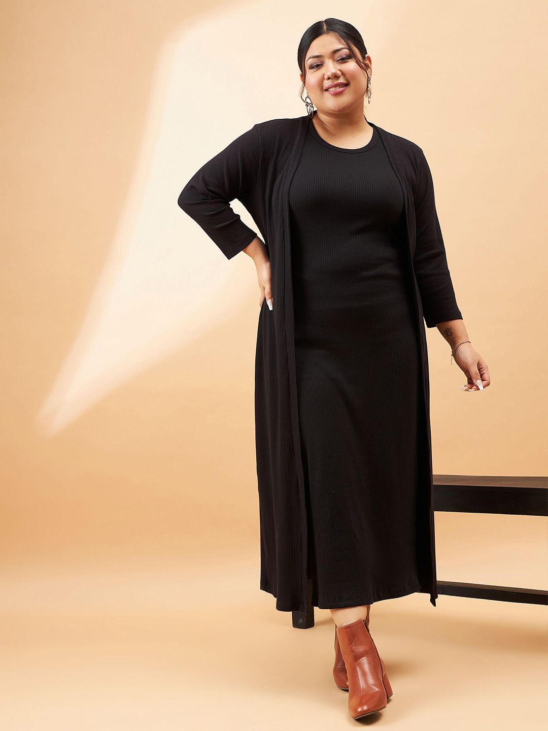 SASSAFRAS Curve Plus Size Black Ribbed Sleeveless Sheath Midi Dress With Shrug