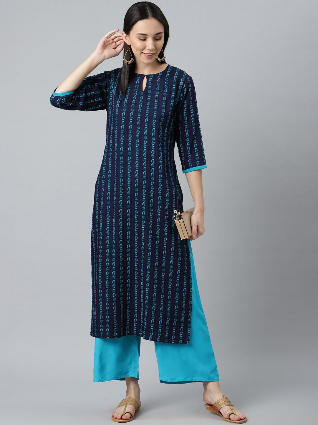 Libas Women Blue Striped Keyhole Neck Kurta
