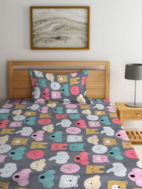 KLOTTHE Book Fold Grey & Pink Printed 300TC Single Bedsheet With 1 Pillow Cover
