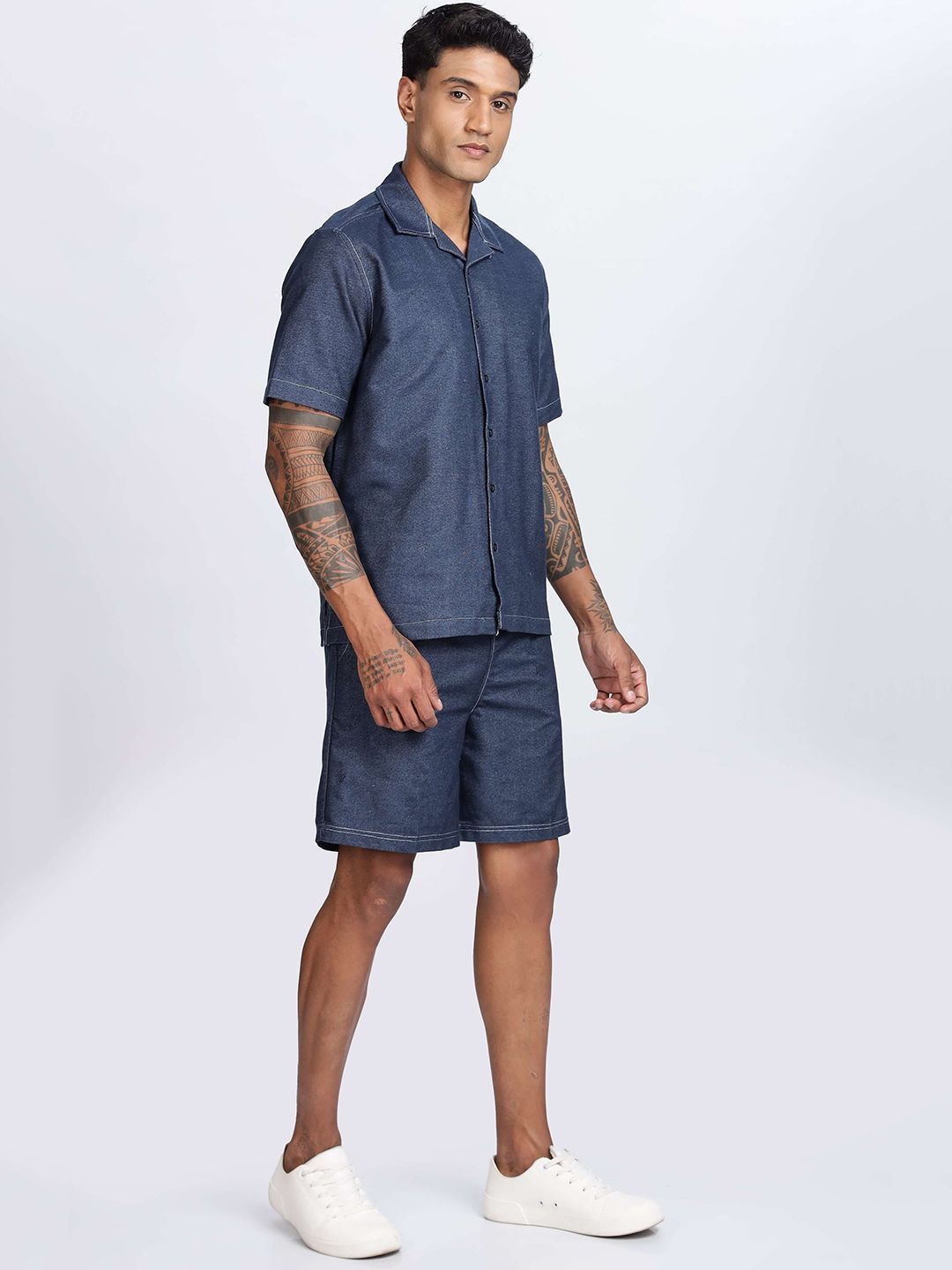 Eszett Biru Bertekstur Spread Collar Baju Kapas Tulen Dengan Seluar Pendek Set Co-Ord