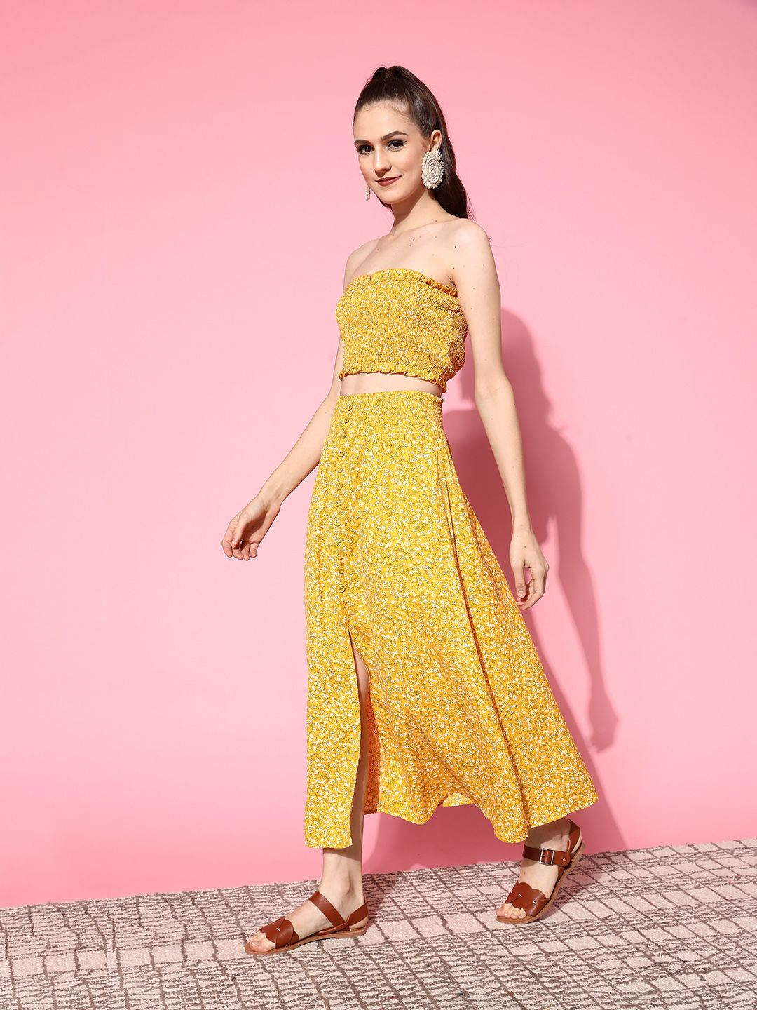 Berrylush Women Bright Yellow Printed Top with Skirt