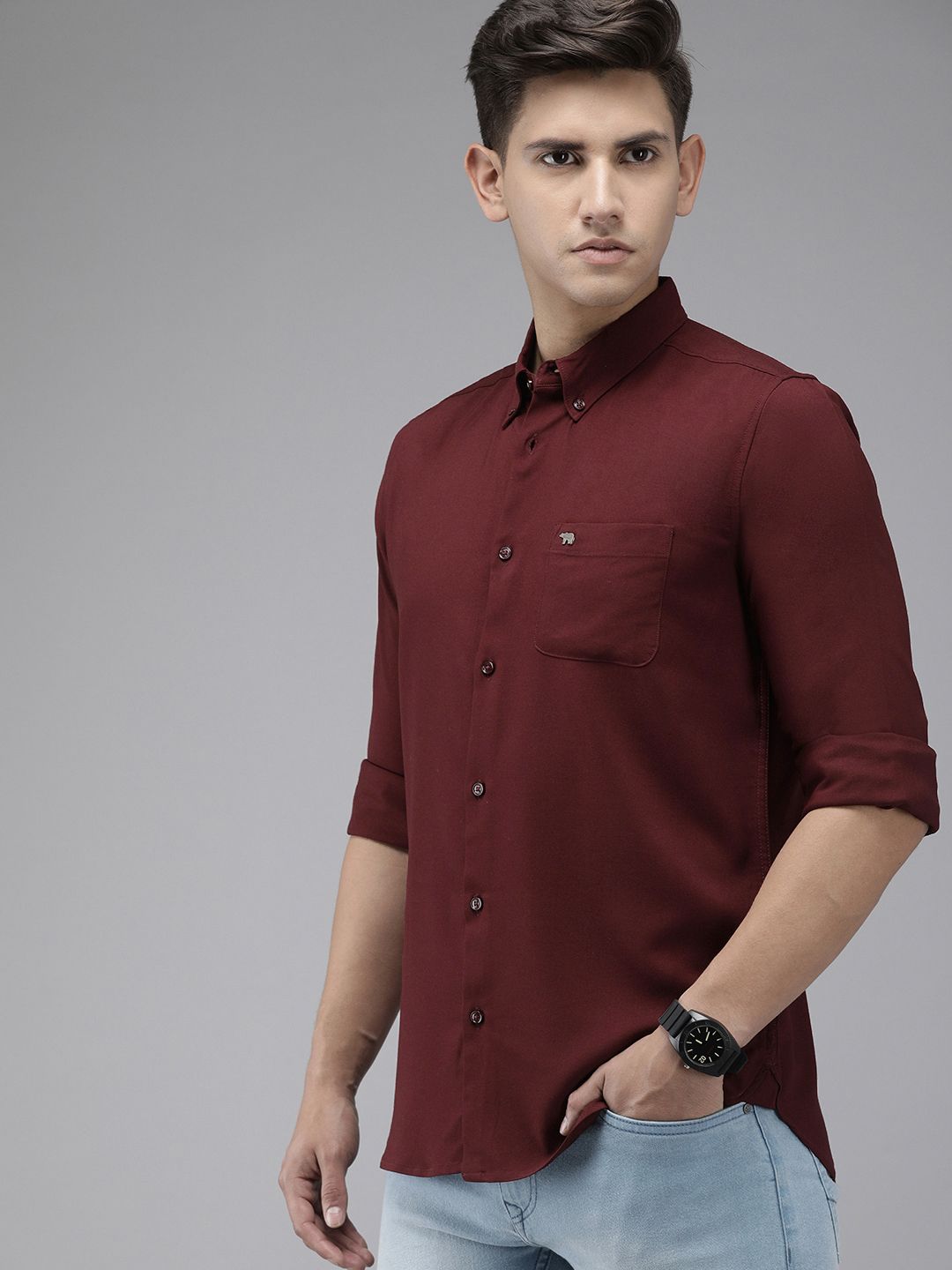 THE BEAR HOUSE Men Maroon Solid Slim Fit Casual Shirt