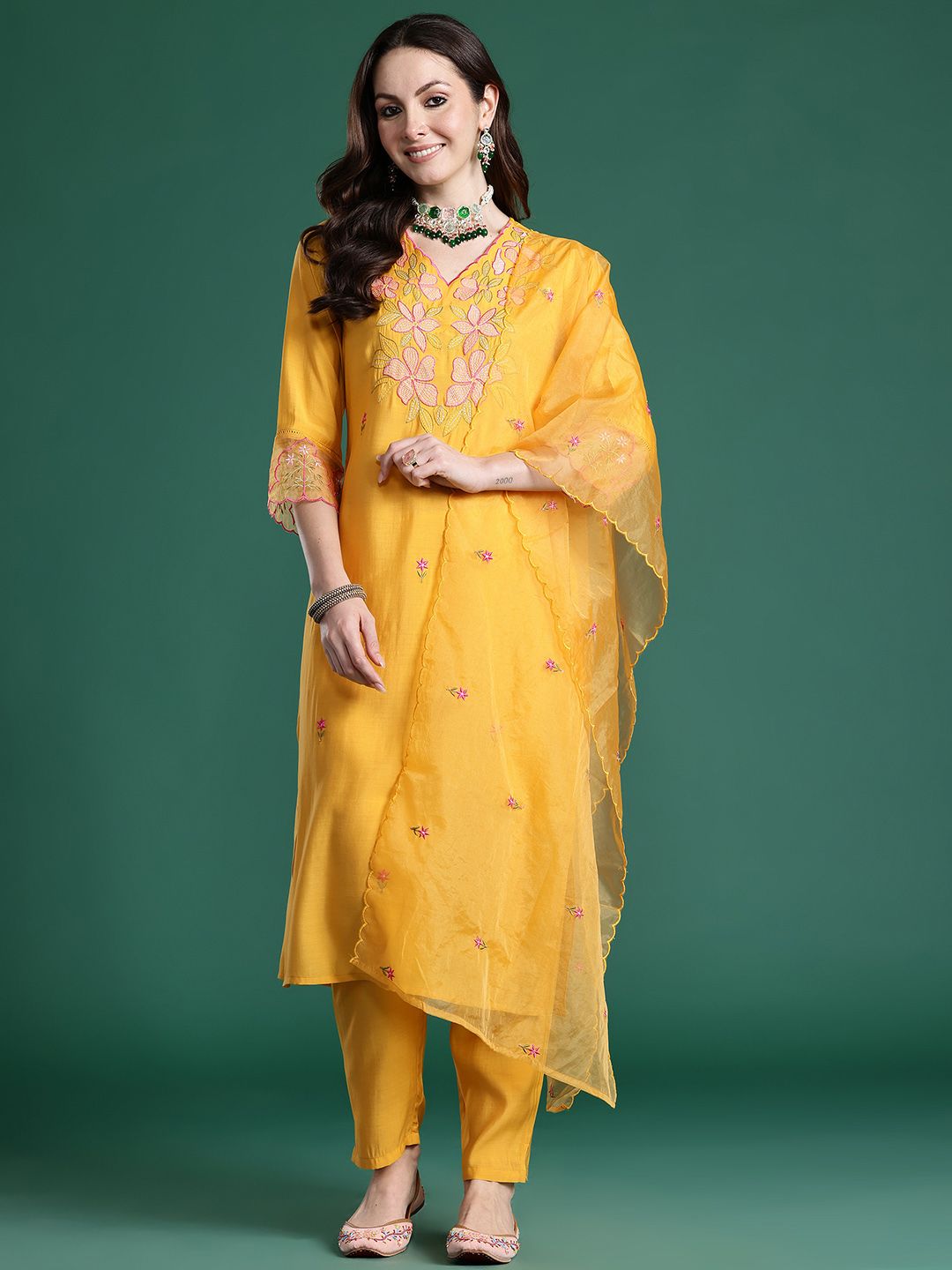Indo Era Floral Embroidered Thread Work Kurta with Trousers & With Dupatta