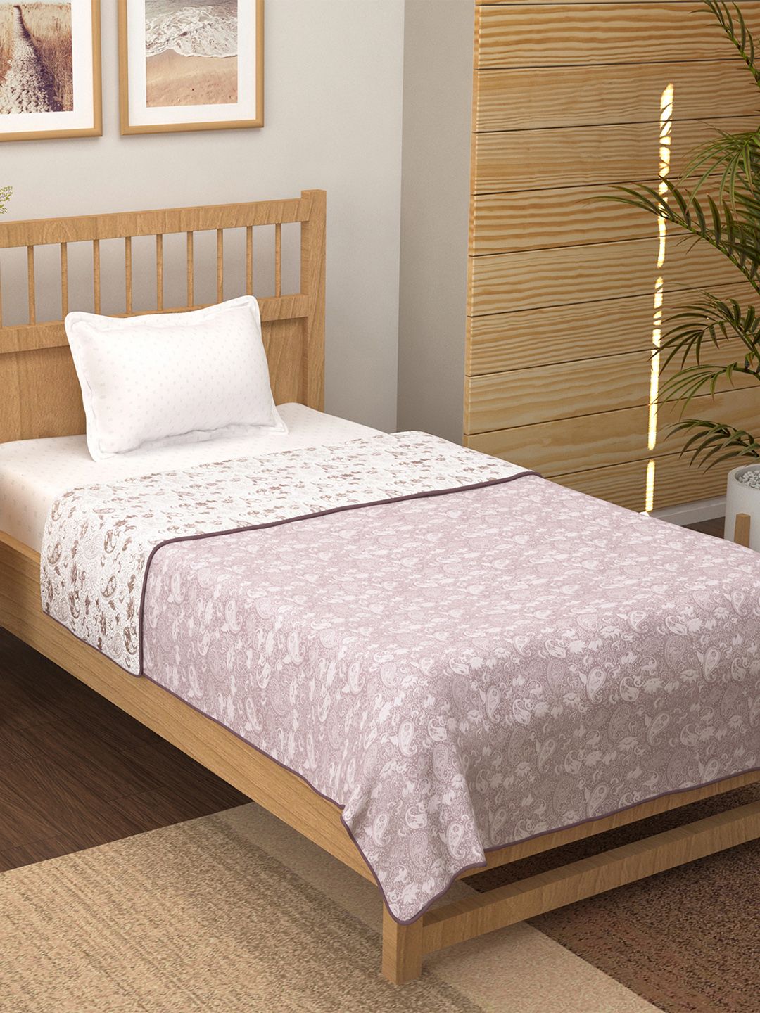 Story@home White & Purple Printed AC Room 150 GSM Reversible Cotton Single Bed Dohar