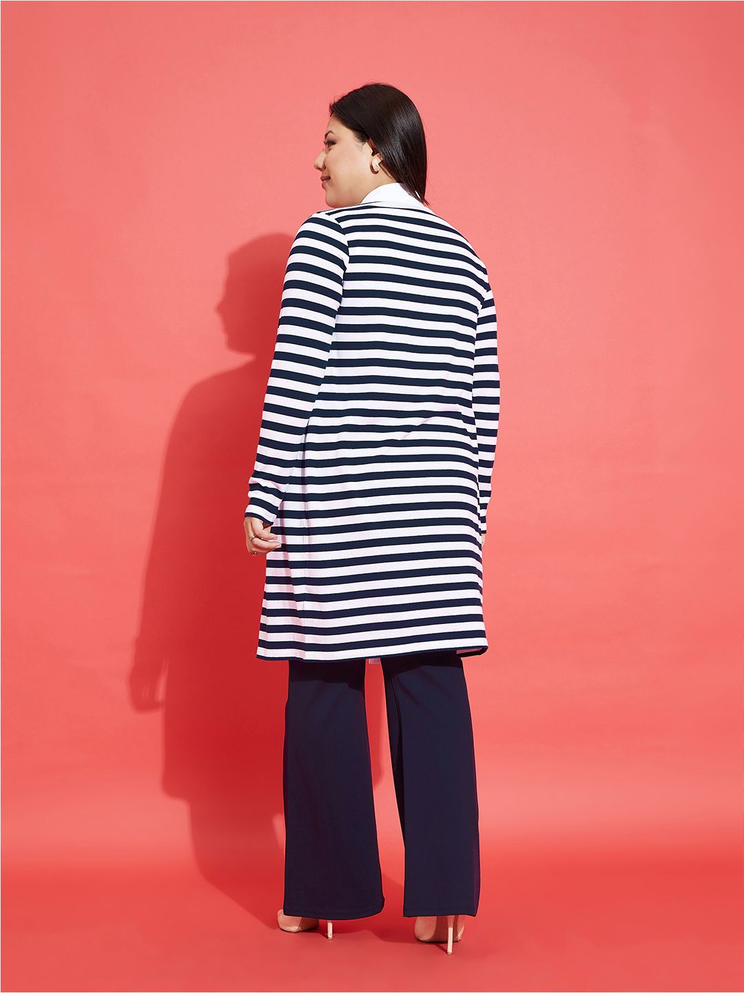 SASSAFRAS Curve Plus Size Striped Cotton Longline Open Front Shrug