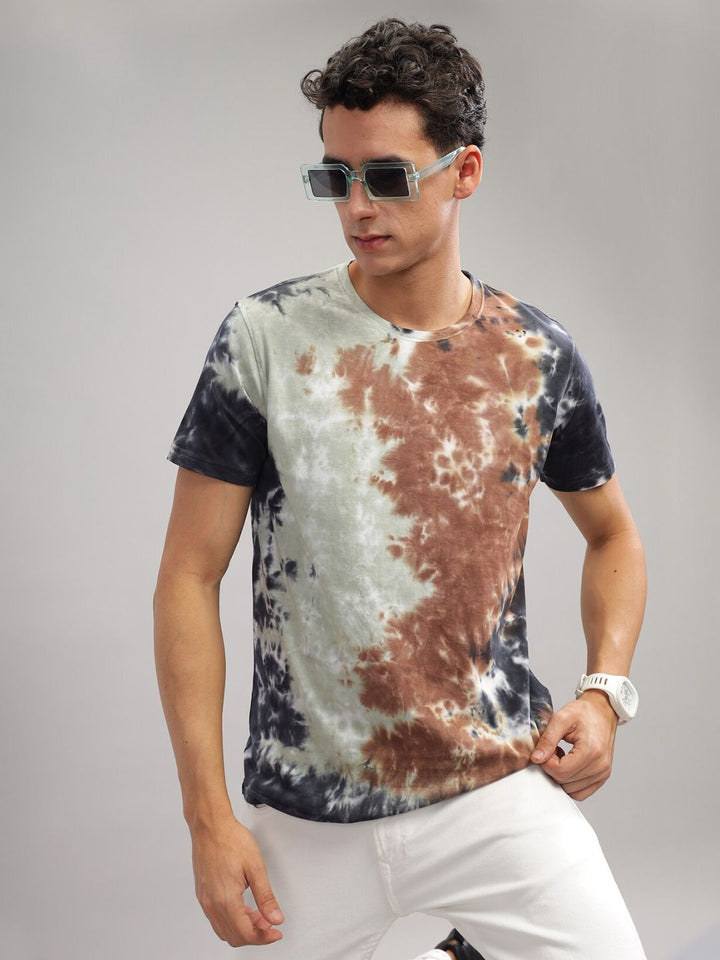 ADRO Tie & Dye Printed Round Neck Short Sleeves Regular Fit Cotton T-shirt