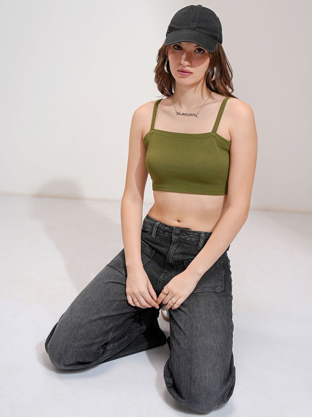 Tokyo Talkies Women Solid Shoulder Strap Crop Top