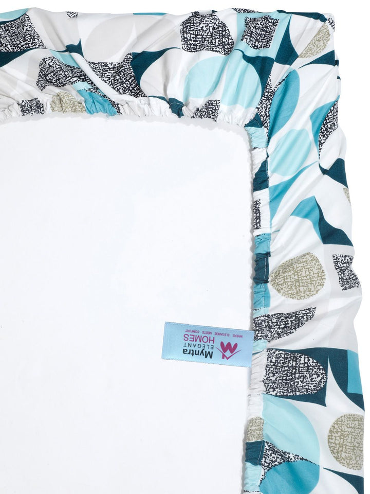 Myntra Elegant Homes White & Blue Printed 300 TC Fitted King Bedsheet Set 2.5m x 2.25m