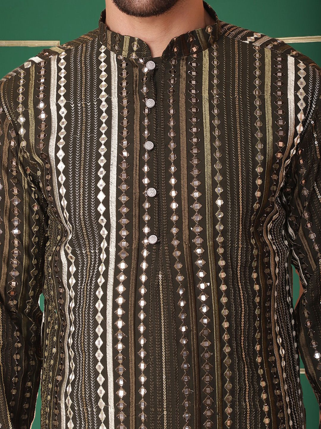 Jompers Striped Mandarin Collar Mirror Work Straight Kurta