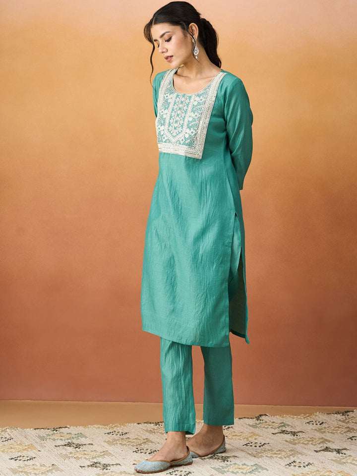 KALINI Sequinned Round Neck Thread Work Kurta With Trousers